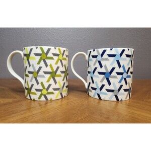 JONATHAN ADLER Blue & Green Geometric 2-Coffee Mugs  RARE